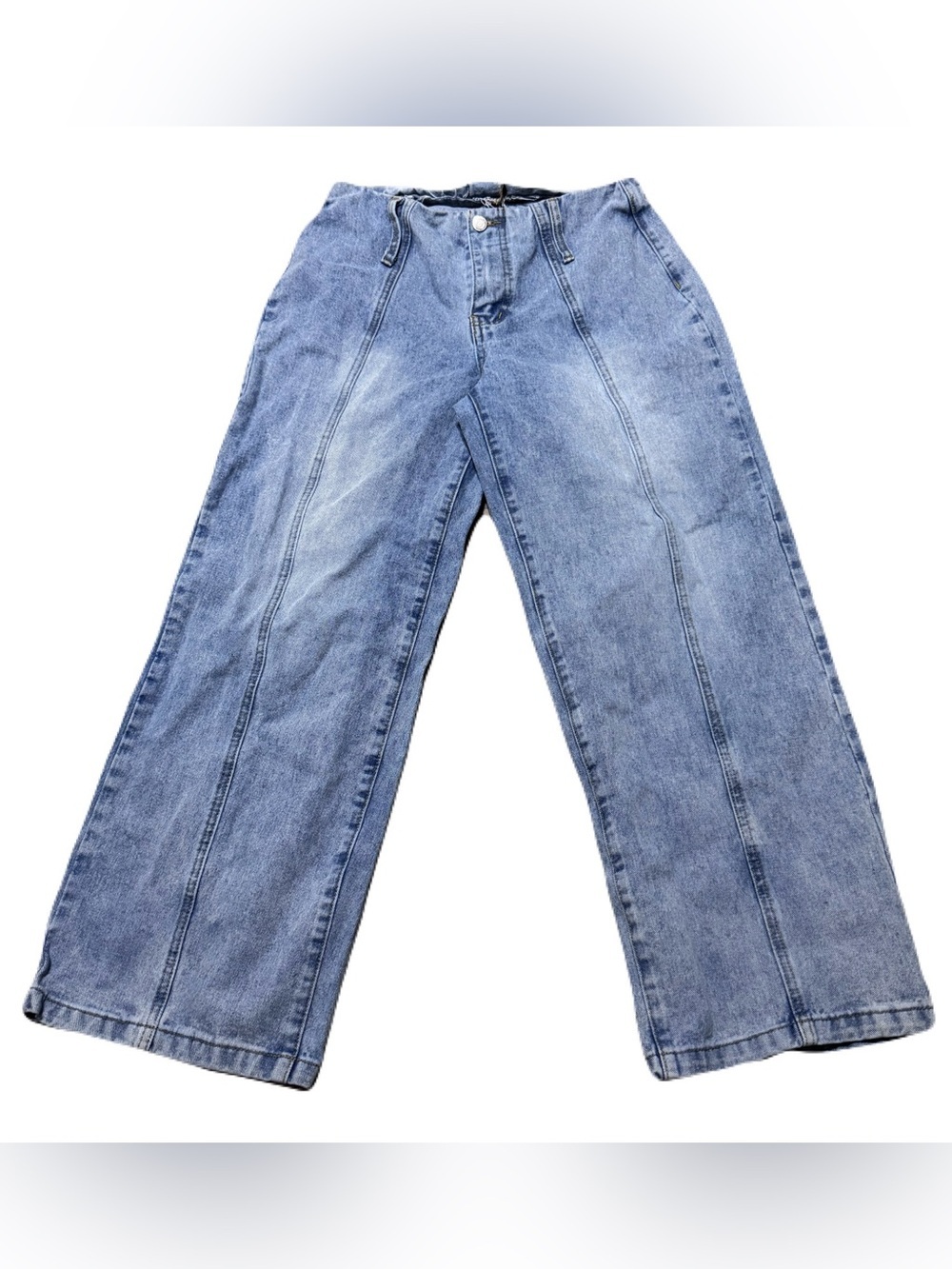 Light Blue Washed Front Seam Detail Wide Leg Jeans from PrettyLittleThing US 6